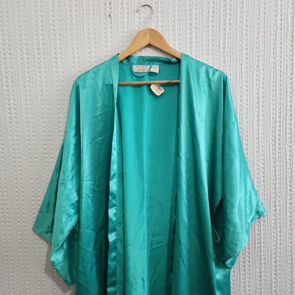Vintage Victoria’s Secret Gold Label Satin Teal Kimono Robe One Size - Picture 5 of 13